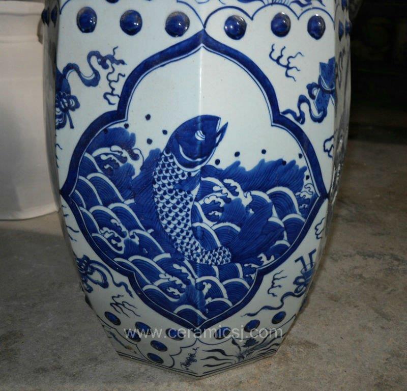 Octagon Ceramic Garden Stool Blue and white fish design WRYSI03