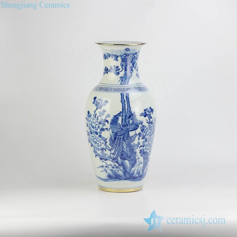  Household hand paint blue and white couple phoenix pattern golden line ceramic wedding gift vase
