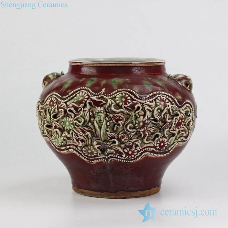 Antique hand carved floral design red ceramic urn