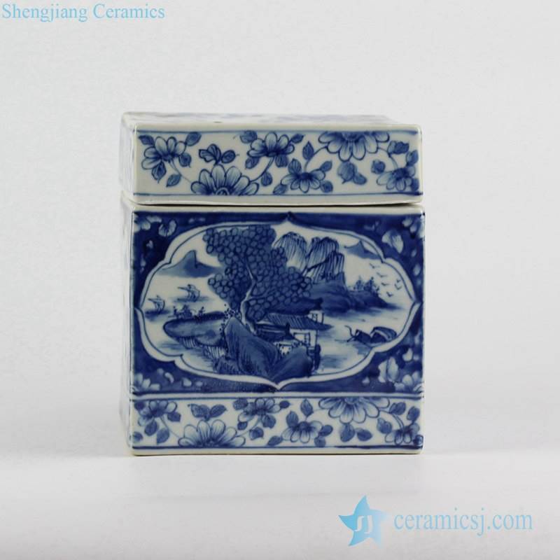 Hand paint blue and white river mountain pattern ceramic tissue box