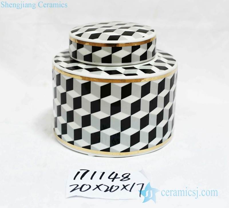 Post modernity cube shadow pattern gold line ceramic jar