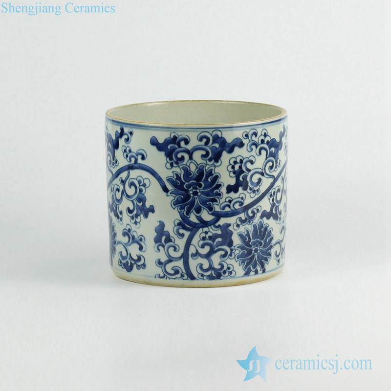 Blue and white hand paint flower pattern ceramic cylinder vase