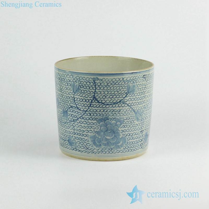 Antique finish blue and white floral vine ceramic vase pot