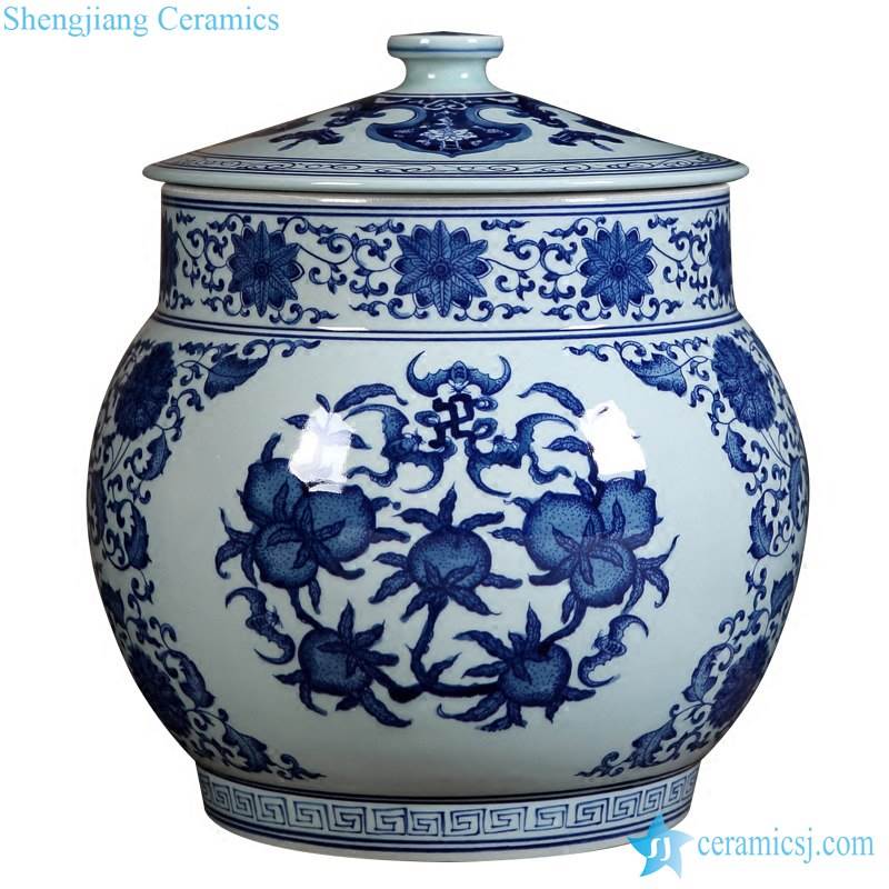 blue and white Jingdezhen style hand draft peach pattern ceramic ball shape jar with lid