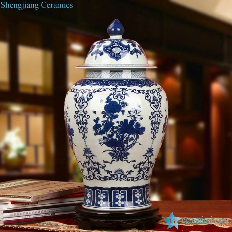 Asia furniture decor blue and white floral ceramic ginger jar