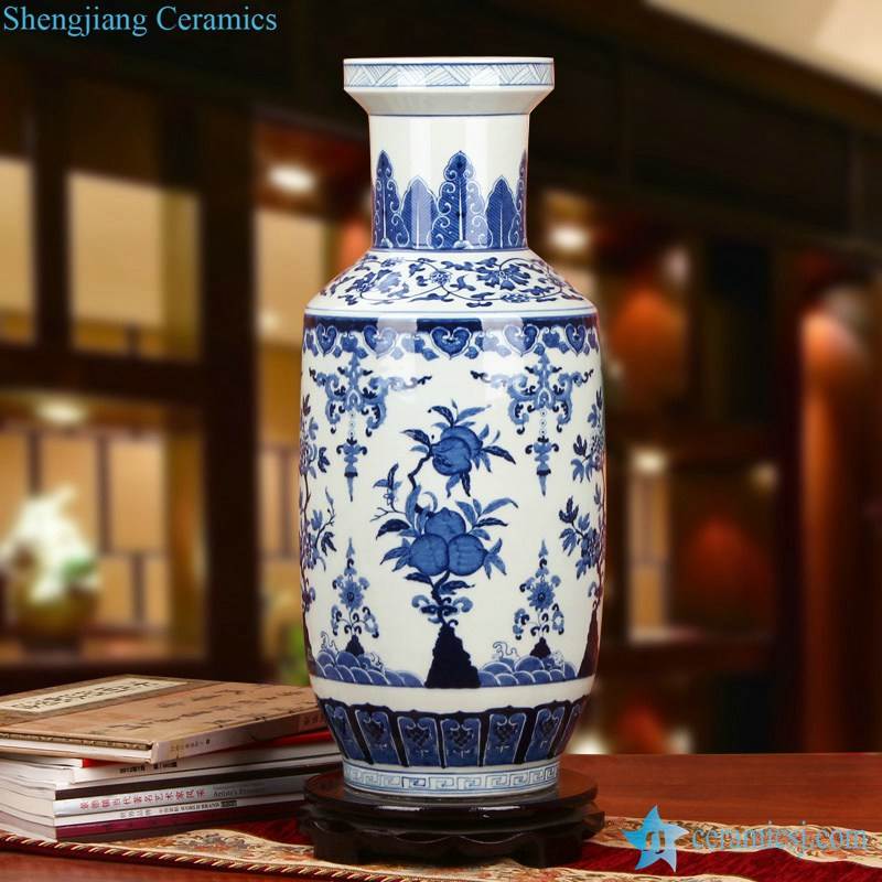 blue and white hand painted peach pattern elephant feet style chinaware flower vase