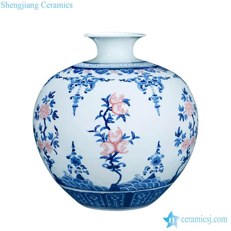 Round rich belly under glaze red peach with blue and white pattern ceramic artistic vase 