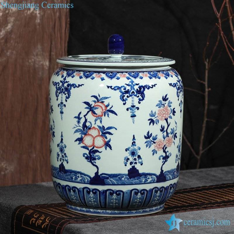 Large capability hand draft blue and white peach style storage ceramic jar