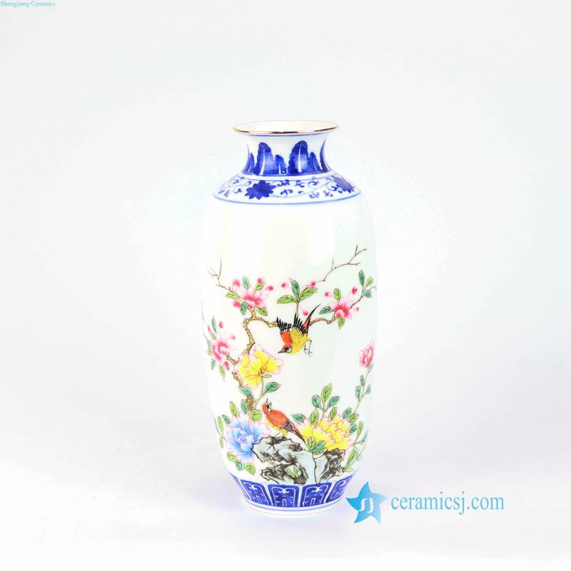 yellow pink flower bird porcelain vase