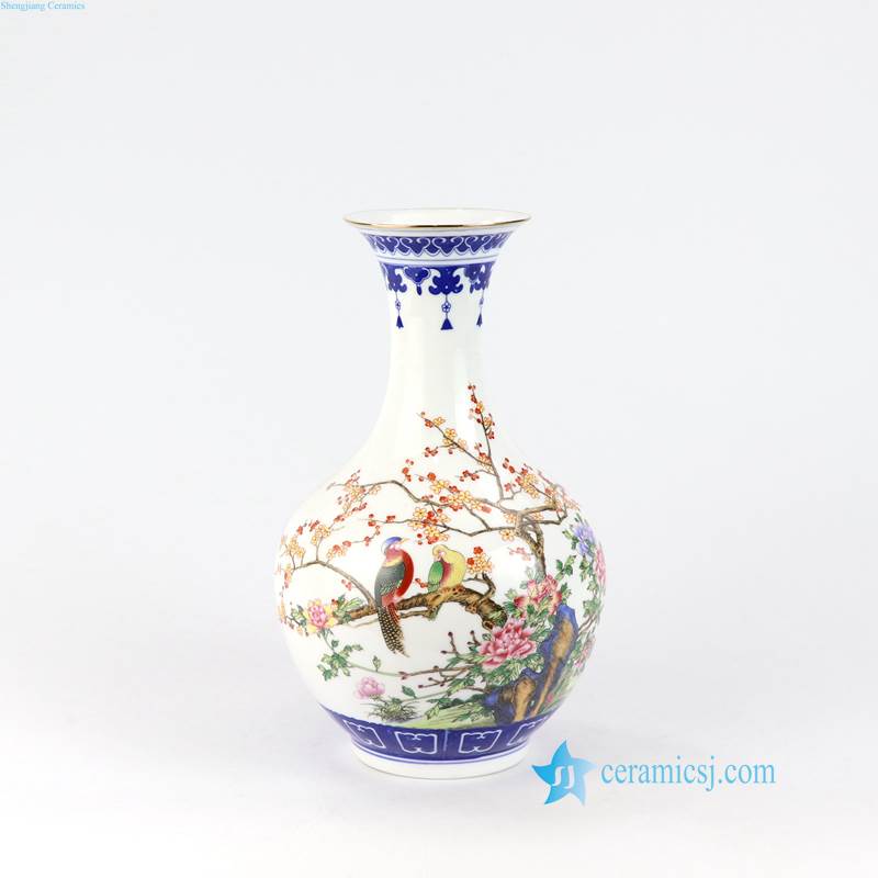 blue rim bird flower ceramiic vase