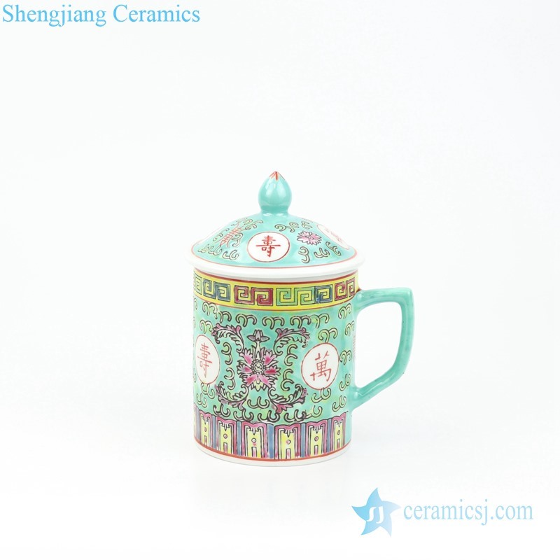 longevity famille rose green ceramic cup