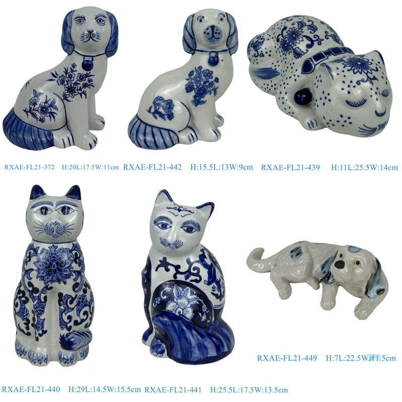 RXAE-FL21 Blue and White Ceramic Animal Cat Dog Ceramic Statues Home ...