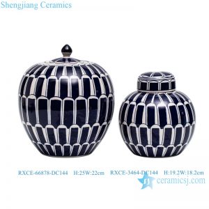 RXCE-3464-DC144 Blue and white Blue and white geometric pattern Ceramic round pearl jar ceramic pot