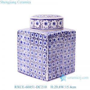 RXCE-66851-DC210 Blue and white flower pattern square shape ceramic lidded jar canister storage pot