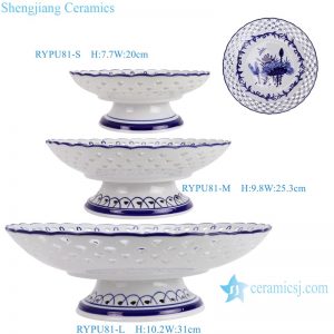 RYPU81-L-M-S Blue and white flower pattern hollow out high stand ceramic Fruit Candy Plate