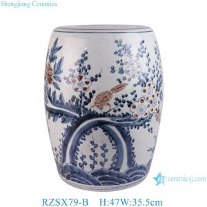 RZSX79-B High-quality hand-painted blue and red glazed ceramic stool with birds and flowers