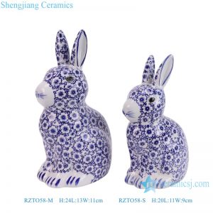 RZTO58-M-S Blue and white flower pattern Ceramic rabbit Sculpture statue for Easter Holiday