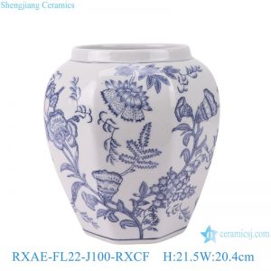 RXAE-FL22-J100-RXCF Blue and white, floral and leaf patterned octagonal shape Ceramic Pot Table decorative Vase