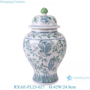 RXAE-FL23-027 Green and White Parrot Flower and Bird pattern Porcelain Ginger Jar