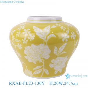 RXAE-FL23-130Y Yellow color glazed white flower pattern belly shape ceramic flower pot Vase decoration