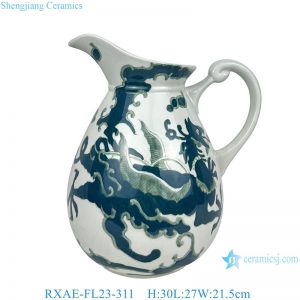 RXAE-FL23-311 Unique green and white floral pattern ceramic water kettle flower vase for home garden decoration