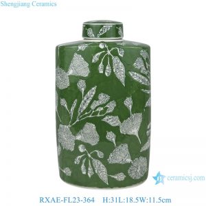 RXAE-FL23-364 Wholesale Green Ground White Floral Pattern Porcelain Vase Home Office Decorative Ceramic Storage Jar with Lids