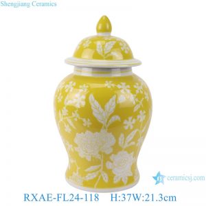 RXAE-FL24-118 Yellow color glazed white flower pattern Round  shape Ceramic Jar with lid