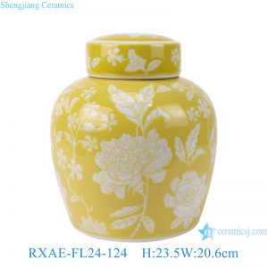 RXAE-FL24-124 Yellow color glazed white flower pattern Round  shape Flat top Ceramic Jar