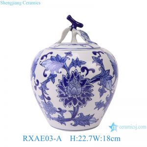 RXAE03-A Blue and White Leaf and flower pattern Apple shape Ceramic Jar with Lidd