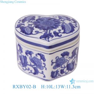 RXBY02-B Blue and white flower and leaf pattern peach heart shape ceramic candy box