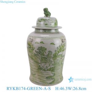 RYKB174-Green-A-S Green Ceramic Landscape Pattern Home Decoration Ceramic Jar with Foodog Lid