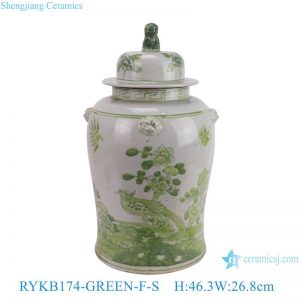 RYKB174-GREEN-F-S Jingdezhen porcelain hand-painted antique flower and bird pattern green and white home decoration ceramic ginger jar with lid