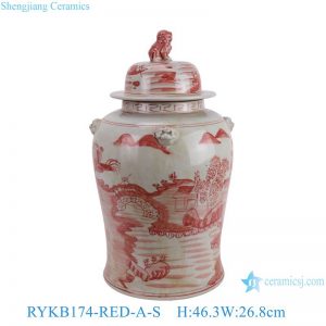 RYKB174-RED-A-S Red Ceramic Landscape Pattern Home Decoration Ceramic Jar with Fooldog Lid