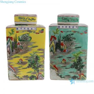 RYQQ24 Jingdezhen antique hand-painted yellow and green pastel flowers, birds and figures four square tea canisters