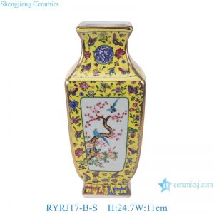 RYRJ17-B-S Antique enameled yellow ground porcelain vase bird and flower pattern ceramic vase