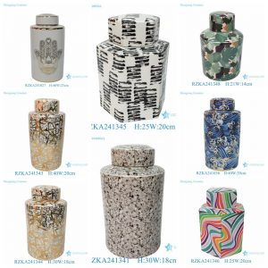 RZKA2413 Creative Multicolored Round Ceramic Flower Vases Modern Marble Style Porcelain Flat Lidded Round Storage Jar