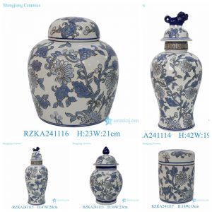 RZKA2411 Creative Blue and White Tangled Lotus Flower Vase for Home Office Decorative Ginger Jar Storage Jar with Lid