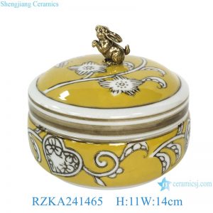 RZKA241465 Antique famille rose porcelain candy box round jewelry container case with gold rabbit decor