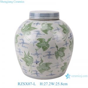 RZSX07-L Vintage Green Cranes Pattern Ceramic General Jars Handmade Home Decorative Vase Flat Lidded Storage Jars