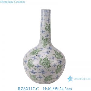 RZSX117-C Jindezhen antique porcelain flower vase hand painted blue and green crane design cranes ceramic vase