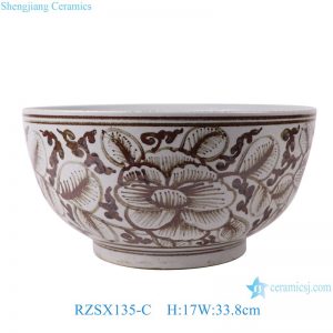 RZSX135-C Antique Rust Red Glazed Peony Pattern Ceramic Planters Handmade Porcelain Fish Bowl Basin