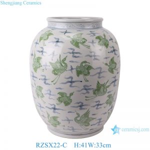 RZSX22-C Chinoiserie Vintage Green Cranes Pattern Ceramic Flower Vase Handmade Porcelain Pots Vase