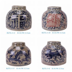 RZTL11-Series Antique Style Happiness Dragon Kilin Pattern Ceramic Flower Pots Small Blue and White Porcelain Vases