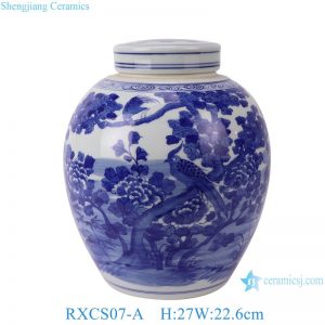 RXCS07-A Blue and white flower and bird pattern Ceramic Pot Flat top Lidded Jar