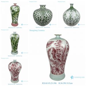 RXAE-FL23 Elegant Pink Green Floral Leaves Pattern Porcelain Flower Vases Handmade Ceramic Vases for Home Decorations