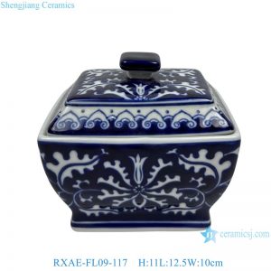 RXAE-FL09-117 Chinoiserie square ceramic lidded Jars antique style blue and white floral leaf pattern tea candy porcelain jar