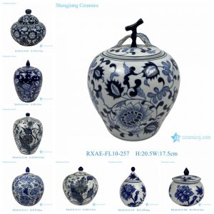 RXAE-FL10-FL23 Antique Blue and White Porcelain Temple Jar Home Decor Jar with Lid  Chinese Floral Leaf Pattern Ceramic Storage Jar