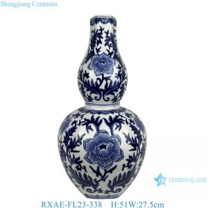 RXAE-FL22-23 Chinese Ancient Decorative Gourd Shape Ceramic Vase Floral Pattern Handmade Blue and White Porcelain Vase