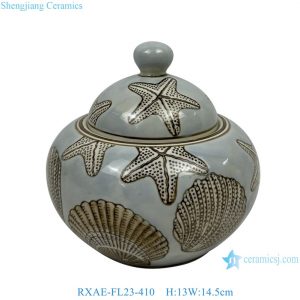 RXAE-FL23-410 Handmade grey-blue painted starfish and shell pattern ceramic jar chinoiserie porcelain lidded storage jars