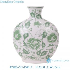 RXBY-YF-D0012  High Quality Home Decoration Green Flower and Leaf Pattern Flat Belly Vase Hugging the Moon Vase Ceramic Vase